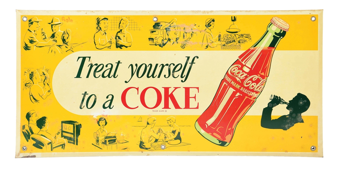 TIN OVER CARDBOARD "TREAT YOURSELF TO A COKE" COCA-COLA BOTTLE SIGN.