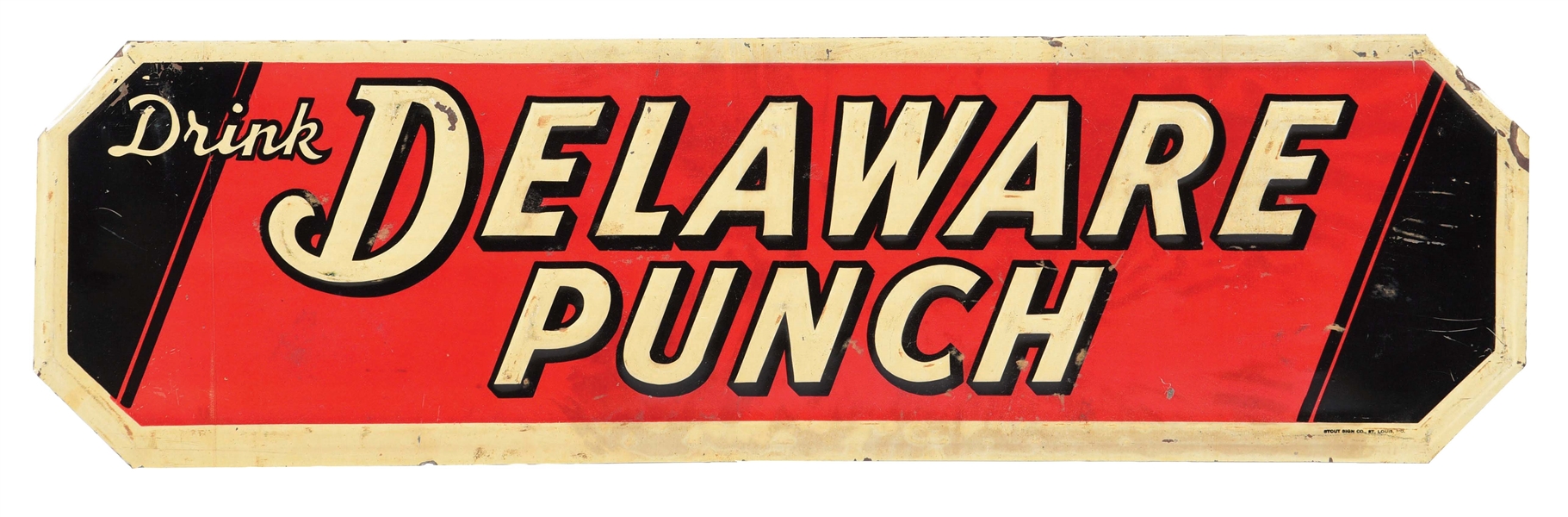 "DRINK DELAWARE PUNCH" EMBOSSED TIN SIGN.