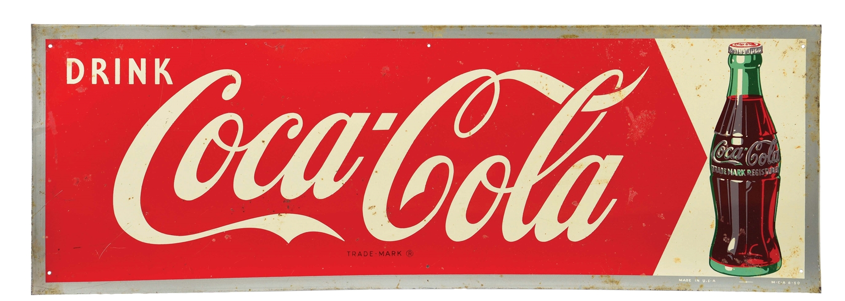 "DRINK COCA-COLA" SINGLE-SIDED TIN SIGN W/ BOTTLE GRAPHIC.