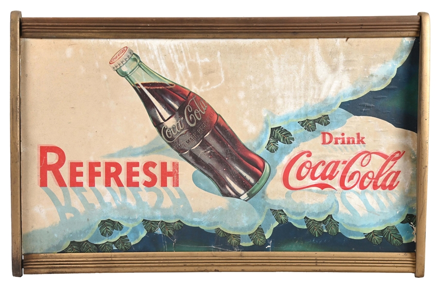 "REFRESH" COCA-COLA CARDBOARD LITHOGRAPH SIGN W/ ORIGINAL WOOD FRAME.