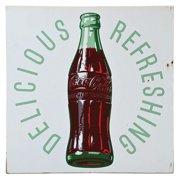 COCA-COLA "DELICIOUS AND REFRESHING" PORCELAIN SIGN.