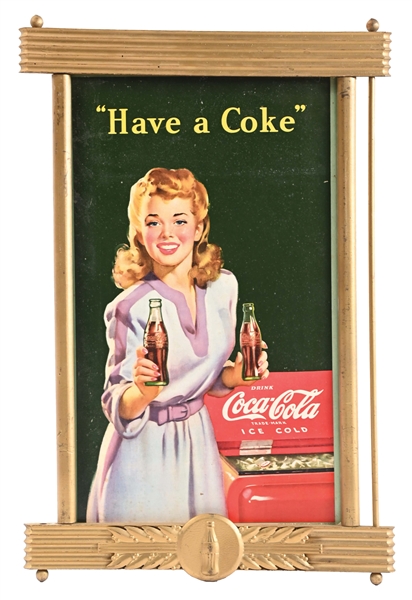 "HAVE A COKE" COCA-COLA CARDBOARD LITHOGRAPH W/ KAY DISPLAY WOODEN FRAME.