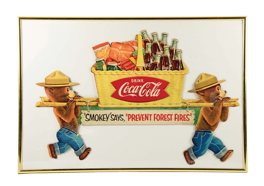 FRAMED "SMOKEY SAYS, PREVENT FOREST FIRES" COCA-COLA CARDBOARD ADVERTISMENT SIGN.