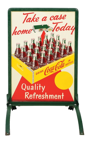 "TAKE A CASE HOME TODAY" COCA-COLA SINGLE-SIDED TIN SIGN W/ CURB STAND.