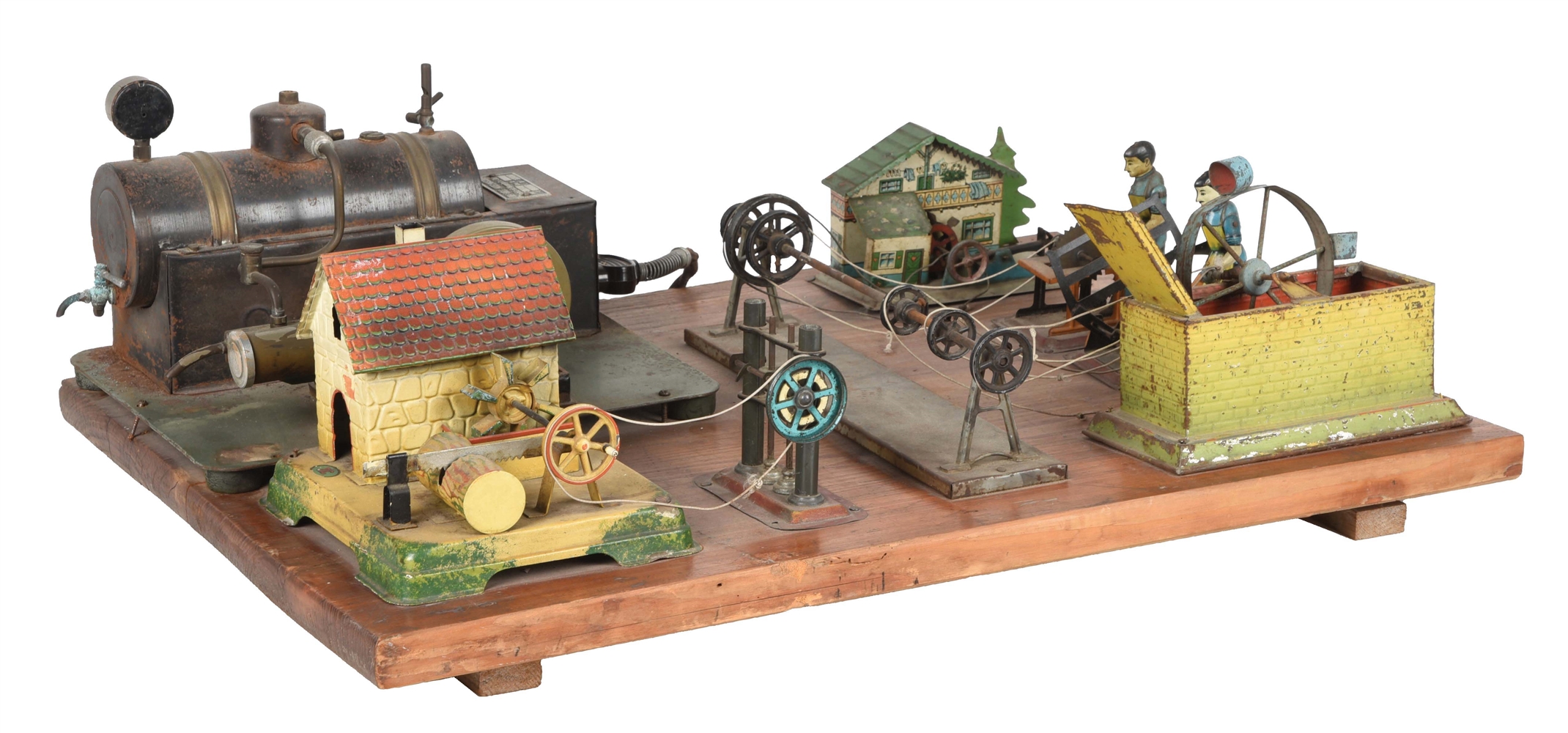 UNUSUAL GERMAN TIN LITHO ON WOODEN BOARD STEAM ENGINE & ACCESSORY SET.