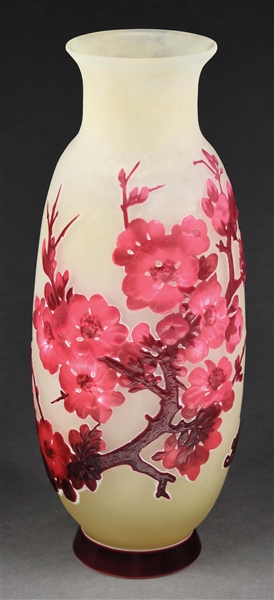 GALLE BLOWN-OUT VASE W/ JAPANESE PEACH BLOSSOMS.