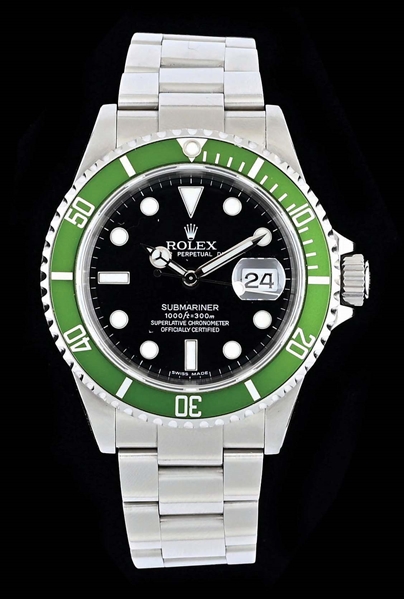 ROLEX SUBMARINER KERMIT REF. 16610LV WITH PAPERS & HANG TAG.
