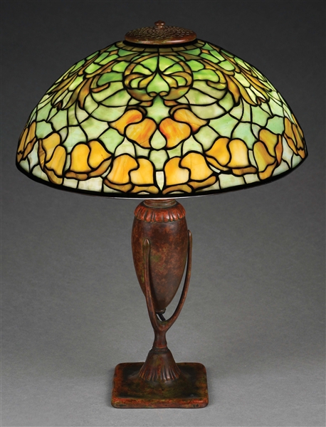 TIFFANY STUDIOS BELLFLOWER LEADED GLASS TABLE LAMP.