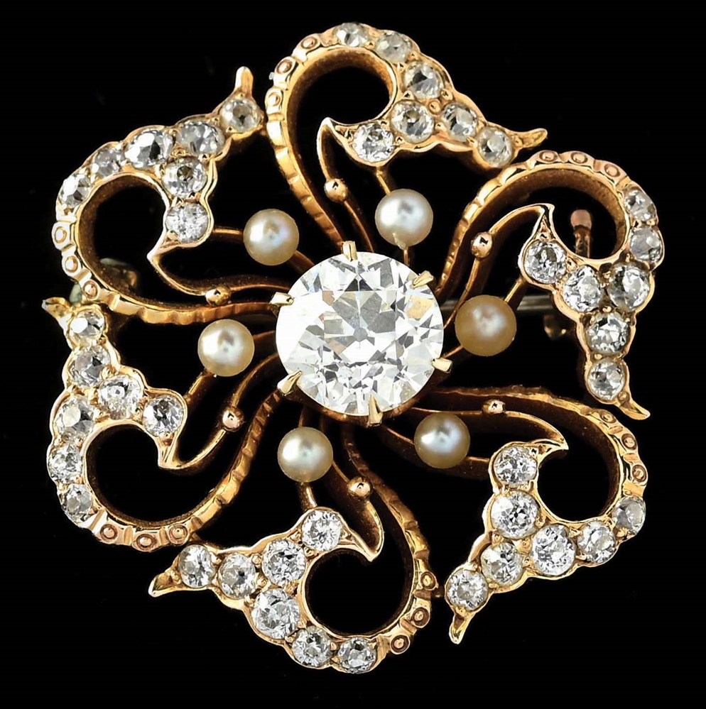 ANTIQUE 14K GOLD 2.60CT TW DIAMOND & SEED PEARL BROOCH.