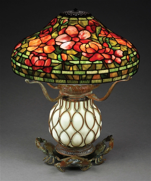 PEONY LEADED GLASS TABLE LAMP ON BLOWN-OUT CRAB BASE IN THE STYLE OF TIFFANY STUDIOS.