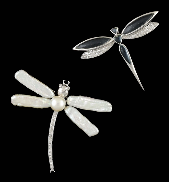 LOT OF 2: WHITE GOLD DIAMOND DRAGONFLY PINS.