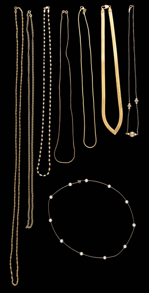 LOT OF 8: 14K GOLD NECKLACES.