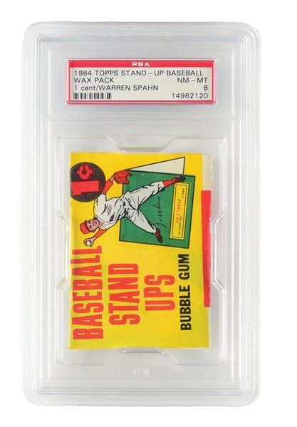 1964 TOPPS STAND-UP BASEBALL 1¢ WAX PACK WITH WARREN SPAHN PSA 8.