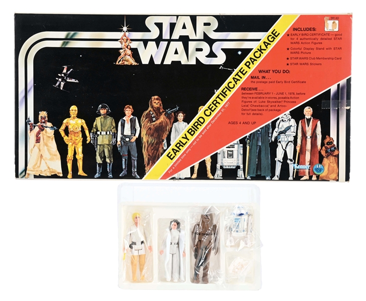 LOT OF STAR WARS EARLY BIRD CERTIFICATE AND 4 FIGURES IN SHIPPING BOX.