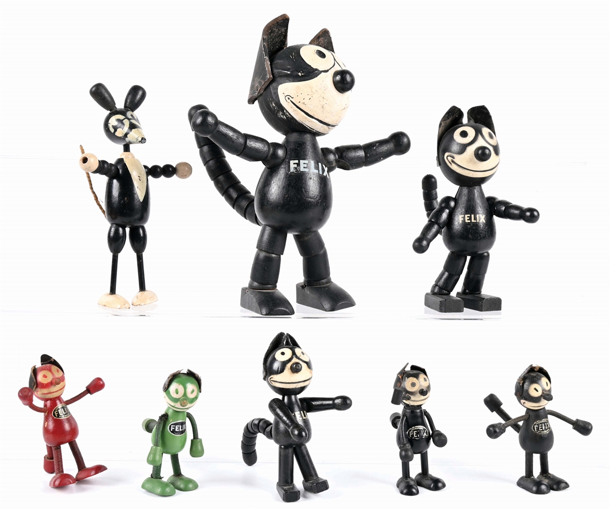 LOT OF 8: VARIOUS WOODEN JOINTED FELIX THE CAT FIGURES.