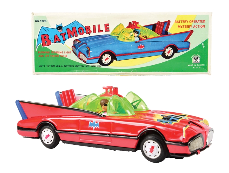 BATTERY-OPERATED TIN LITHO BATMOBILE CAR IN ORIGINAL BOX.