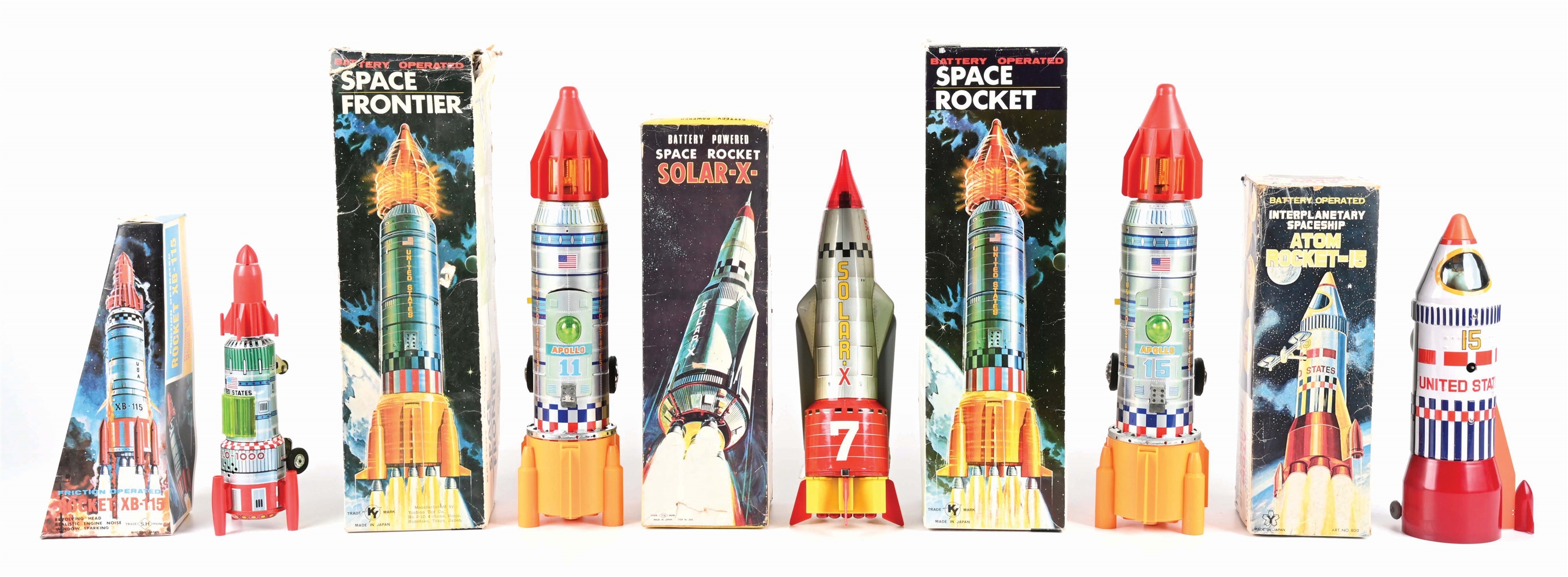 LOT OF 5: VARIOUS TIN LITHO & PLASTIC BATTERY-OPERATED JAPANESE ROCKET TOYS.