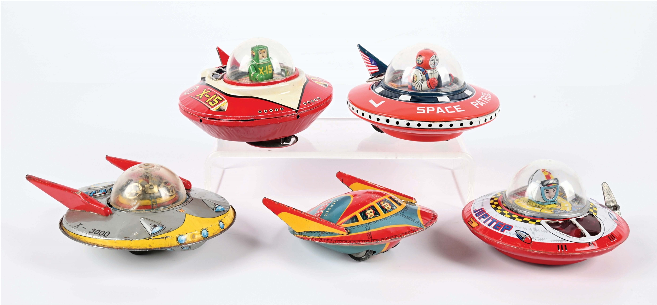 LOT OF 5: VARIOUS FRICTION & WIND-UP TIN LITHO JAPANESE SPACE SAUCER VEHICLES.
