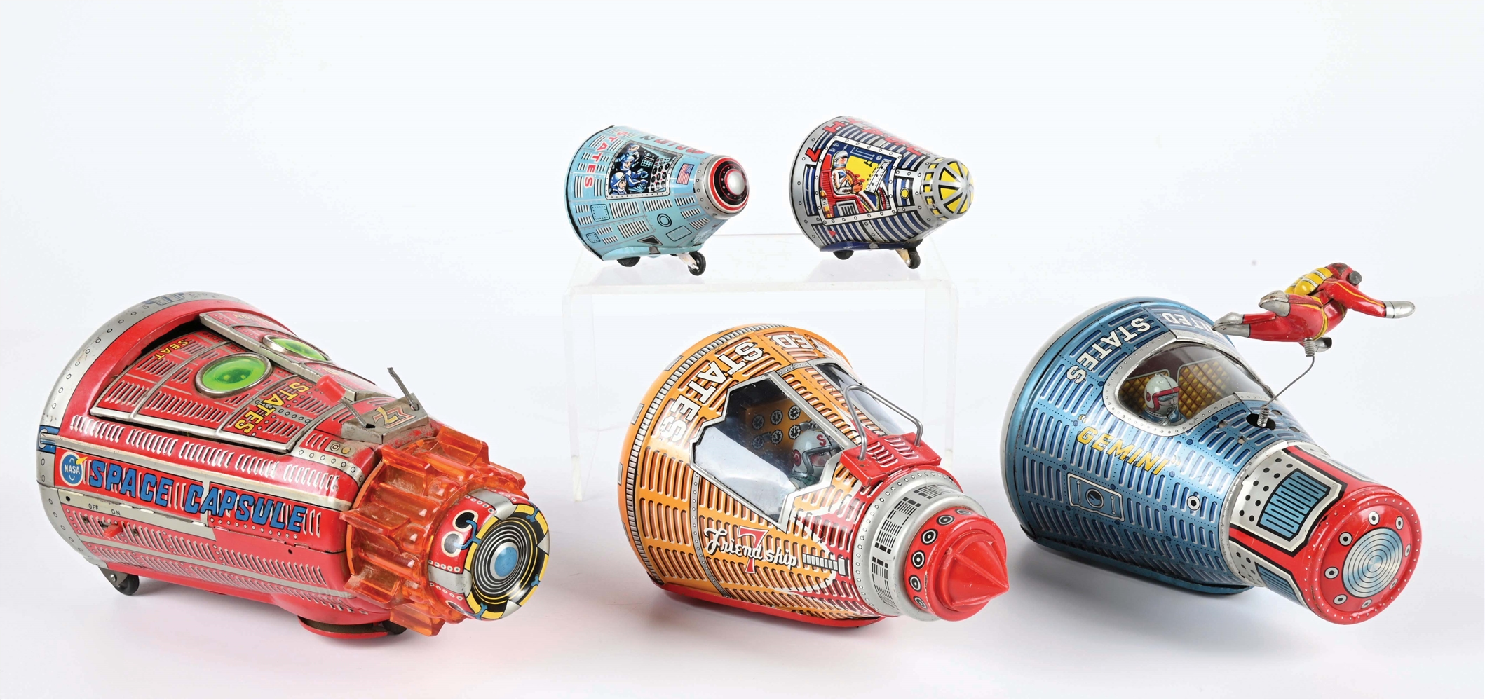 LOT OF 5: BATTERY-OPERATED & FRICTION TIN LITHO JAPANESE SPACE CAPSULES.