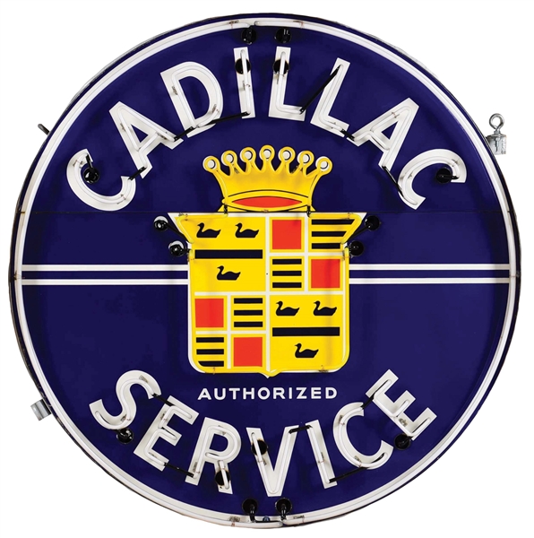 INCREDIBLE CADILLAC AUTHORIZED SERVICE COMPLETE PORCELAIN NEON SIGN W/ CREST GRAPHICS. 