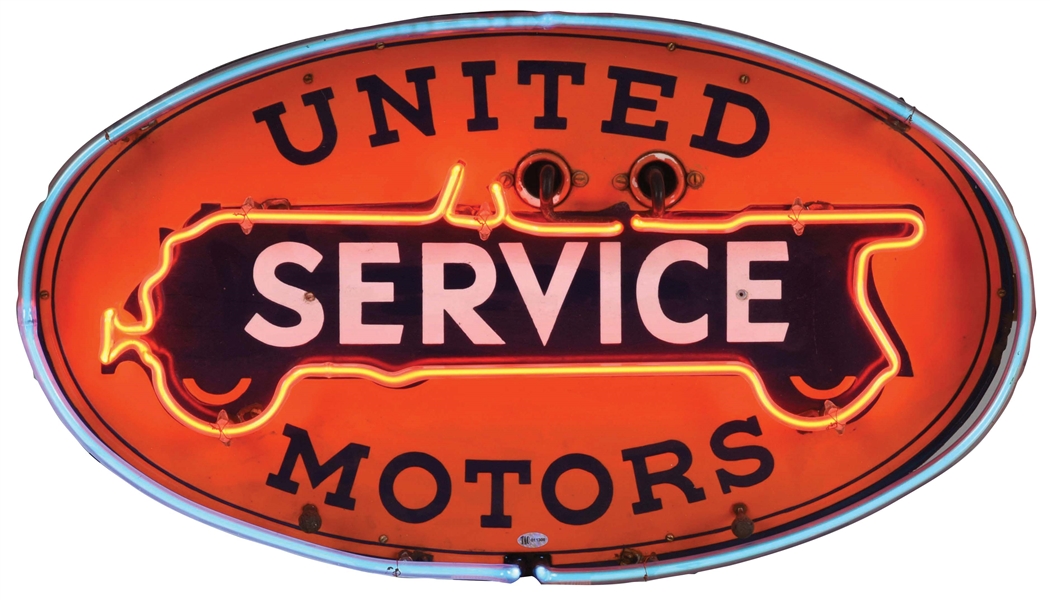 UNITED MOTORS SERVICE COUNTERTOP NEON SIGN W/ CAR GRAPHIC. 