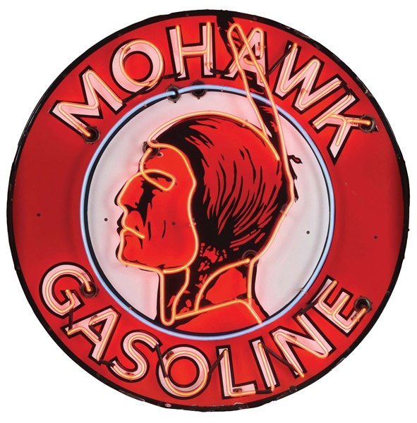 INCREDIBLE MOHAWK GASOLINE PORCELAIN NEON SIGN W/ ICONIC NATIVE AMERICAN GRAPHIC. 