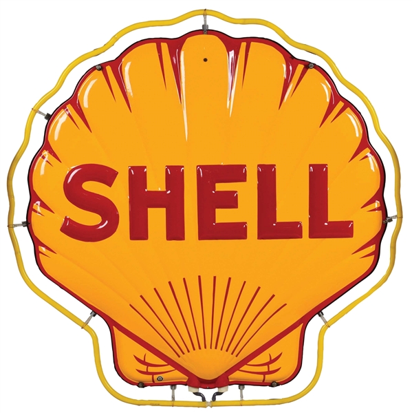 STUNNING N.O.S SHELL GASOLINE TWO PIECE EMBOSSED PORCELAIN NEON SIGN. 