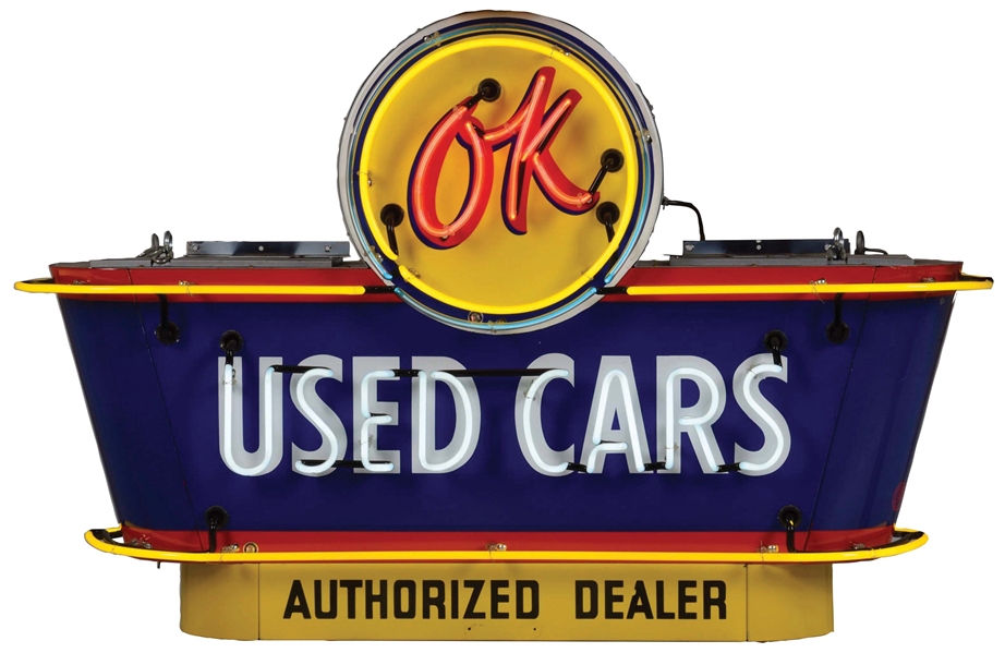 OUTSTANDING OK USED CARS PORCELAIN NEON SIGN W/ BOWTIE ATTACHMENTS. 