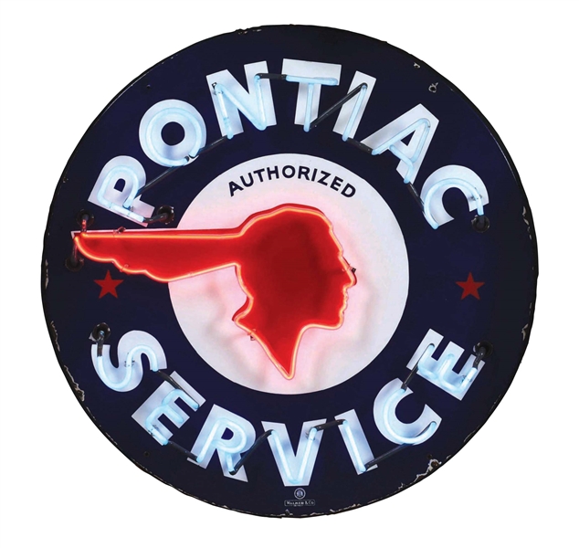 PONTIAC AUTHORIZED SERVICE PORCELAIN SIGN W/ ADDED NEON. 