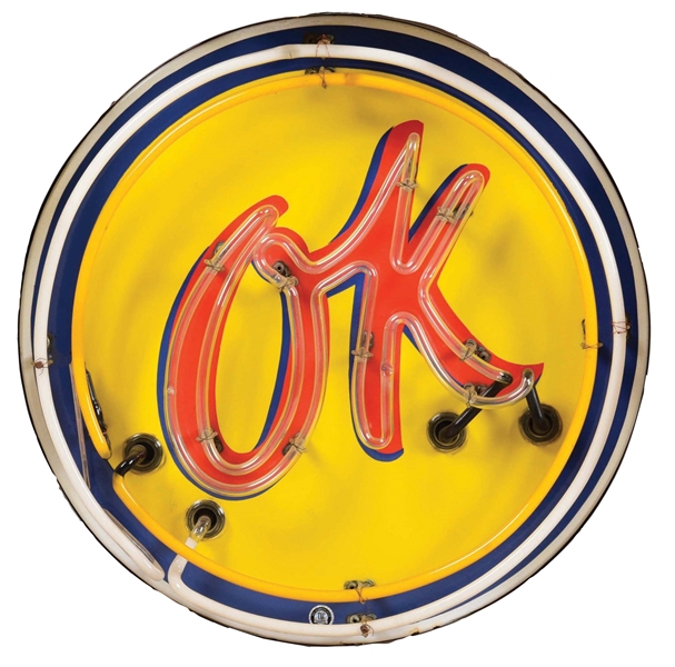 OUTSTANDING OK USED CARS PORCELAIN NEON SIGN W/ FLASHING "OK" SCRIPT. 
