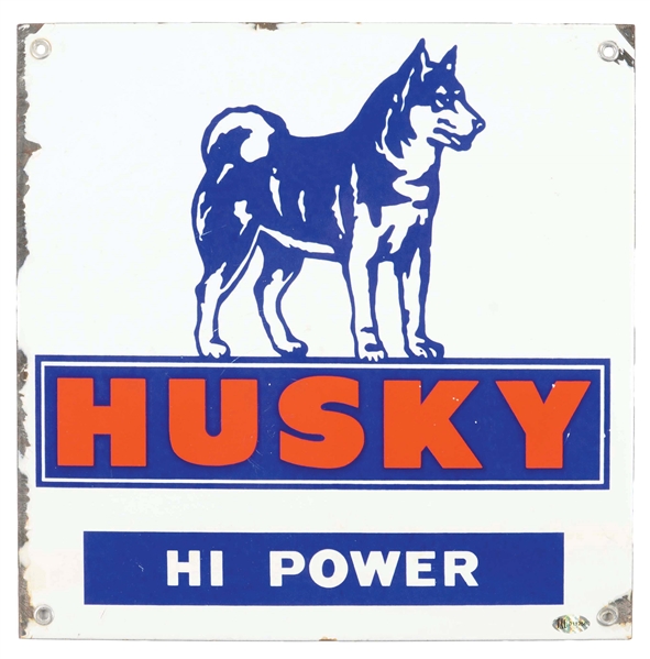 HUSKY HI POWER GASOLINE PORCELAIN PUMP PLATE SIGN W/ DOG GRAPHIC. 