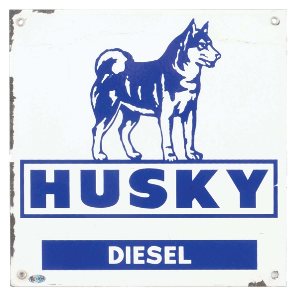 HUSKY DIESEL PORCELAIN PUMP PLATE SIGN W/ DOG GRAPHIC. 