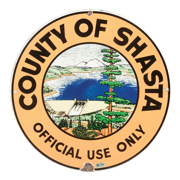 COUNTY OF SHASTA "OFFICIAL USE ONLY" PORCELAIN TRUCK SIGN W/ LAKE & DAM GRAPHIC. 