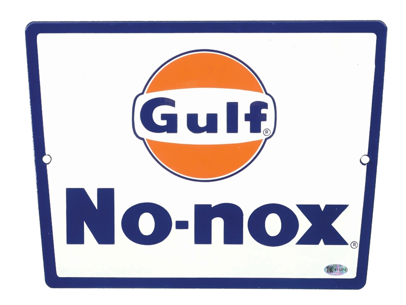 GULF NO-NOX GASOLINE N.O.S. PORCELAIN PUMP PLATE SIGN.