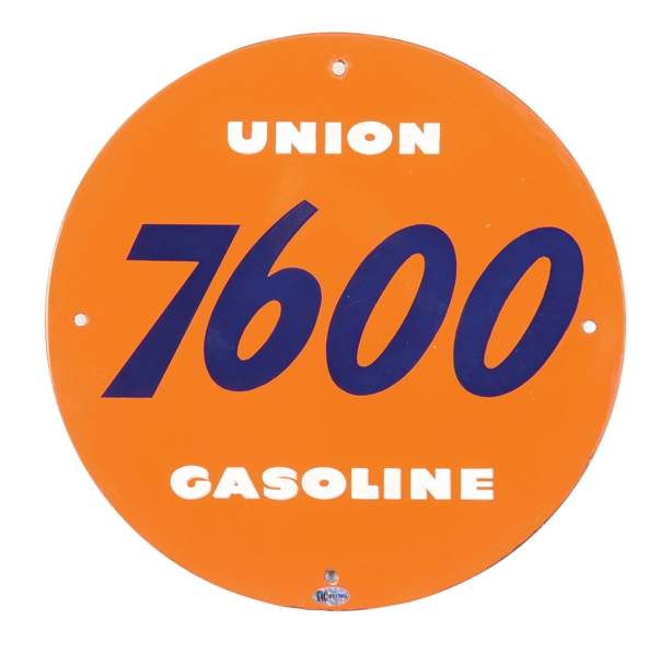 UNION 7600 GASOLINE PORCELAIN PUMP PLATE SIGN.