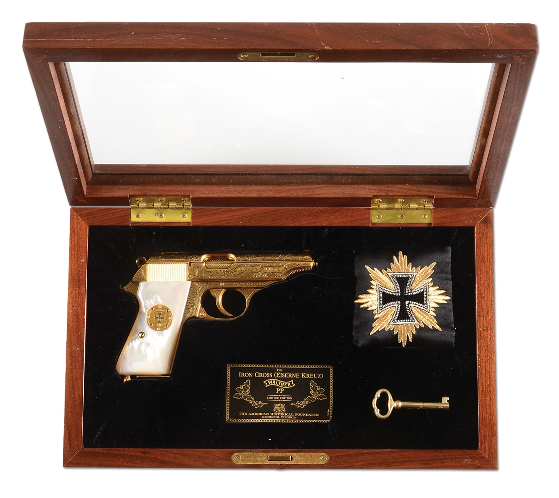 (M) EXCEPTIONALLY ATTRACTIVE (1 OF 25) AMERICAN HISTORICAL FOUNDATION WALTHER MODEL PP IRON CROSS LIMITED EDITION SEMI-AUTOMATIC PISTOL WITH DISPLAY CASE.