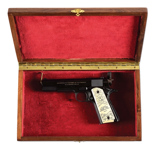 (M) COLT GOVERNMENT VICTORY IN THE PACIFIC COMMEMORATIVE SEMI-AUTOMATIC PISTOL WITH DISPLAY CASE GIFTED TO EDDY ANDREASIK.