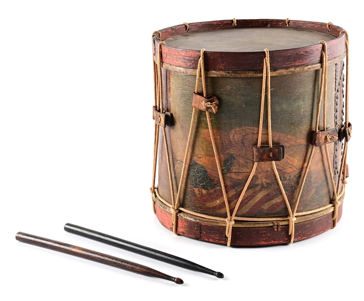 US FEDERAL PERIOD PAINTED DRUM WITH STICKS AND SLING. 