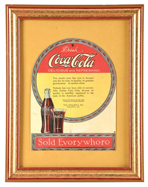 DRINK COCA-COLA FRAMED CARDBOARD LITHOGRAPH W/ BOTTLE GRAPHIC.