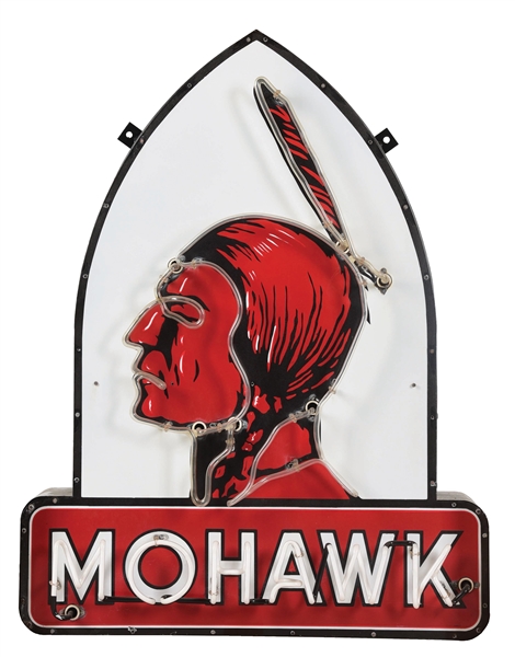 OUTSTANDING MOHAWK GASOLINE PORCELAIN NEON SIGN W/ NATIVE AMERICAN GRAPHIC. 