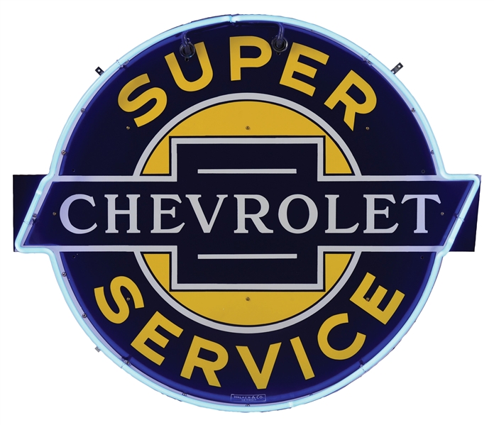 OUTSTANDING CHEVROLET SUPER SERVICE PORCELAIN NEON SIGN.