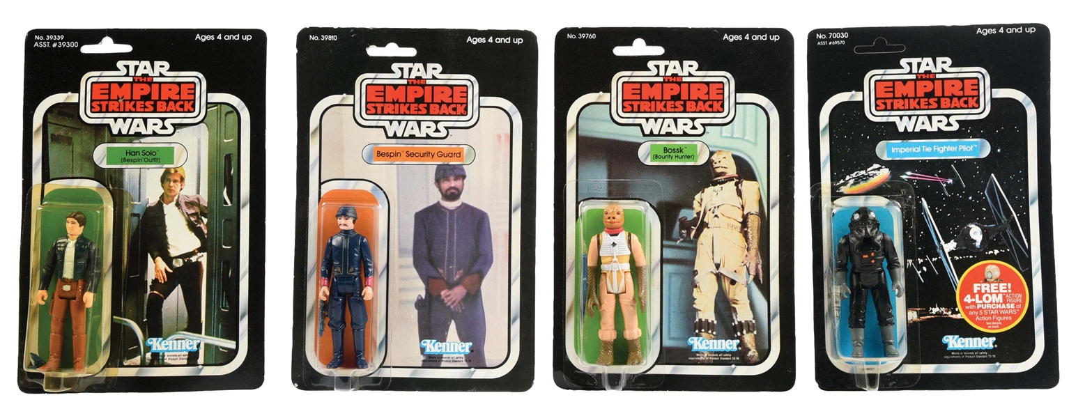 LOT OF 4: STAR WARS ESB MOC HAN BESPIN, BESPIN SECURITY GUARD, BOSSK, TIE PILOT.