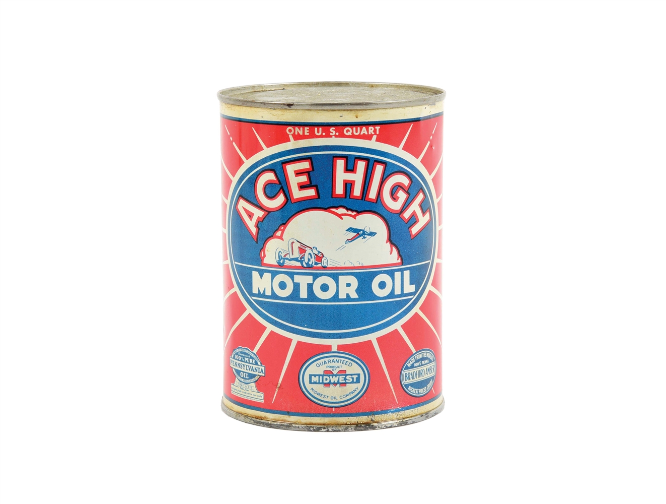 RARE ACE HIGH MOTOR OIL ONE QUART CAN W/ CAR & AIRPLANE GRAPHIC. 