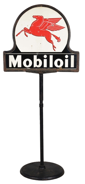 MOBILOIL PORCELAIN KEYHOLE SIGN W/ PEGASUS GRAPHIC MOUNTED ON CAST IRON BASE. 