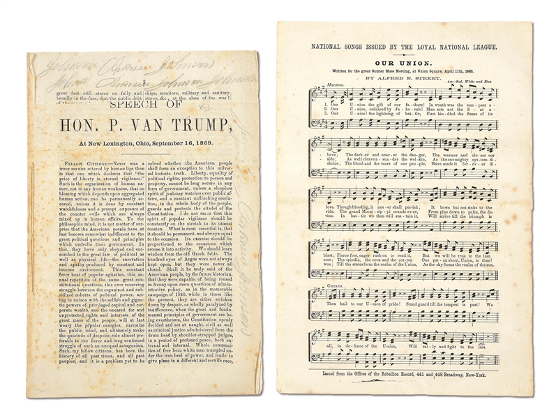 LOT OF 2: ANDREW JOHNSON SIGNED SPEECH AND OUR UNION SONG PAGE.