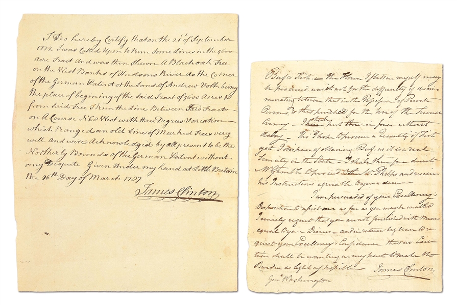 LOT OF 2 LETTERS BY REVOLUTIONARY WAR GENERAL JAMES CLINTON: FORT STANWIX, THE FRENCH ARMY.