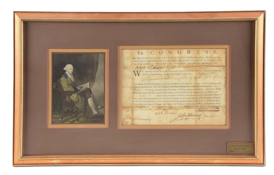 A NICELY FRAMED COMMISSION SIGNED BY FOUNDING FATHER JOHN HANCOCK, EX-LATTIMER COLLECTION.