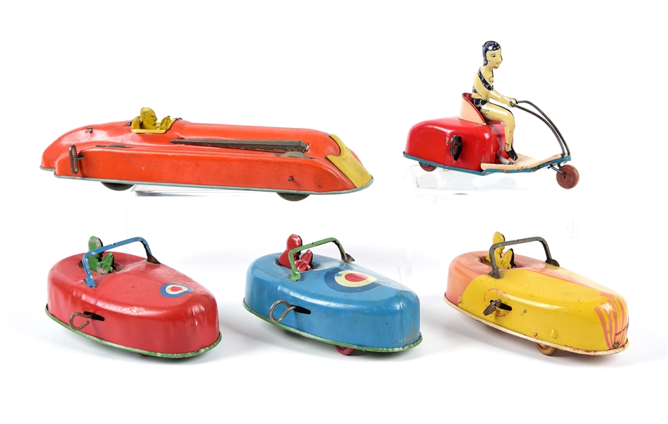 LOT OF 5: VARIOUS TIN LITHO WIND-UP VEHICLE TOYS.