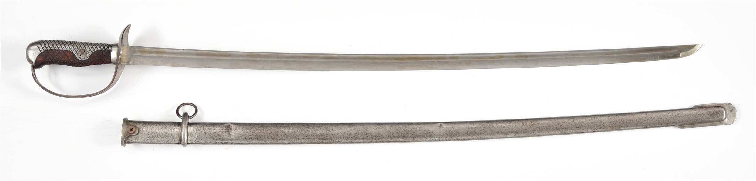 HILTED SWORD WITH CHECKERED WOODEN HANDLE.