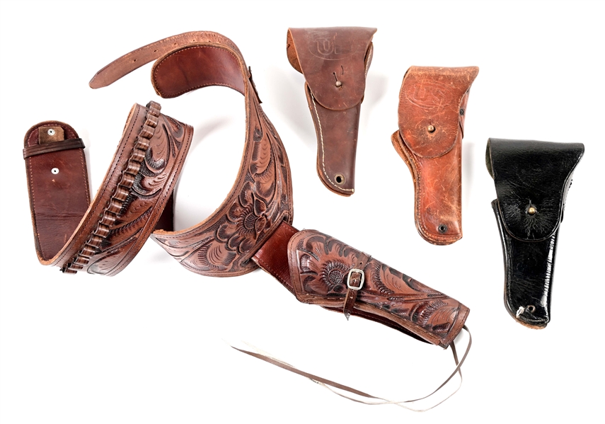 LOT OF 4: 3 U.S. LEATHER HOLSTERS AND A WESTERN STYLE HOLSTER AND BELT.